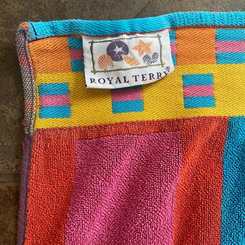 Vintage Royal Terry Beach Towel Colorful Colorblock Stripes 80s 90s 100% Cotton